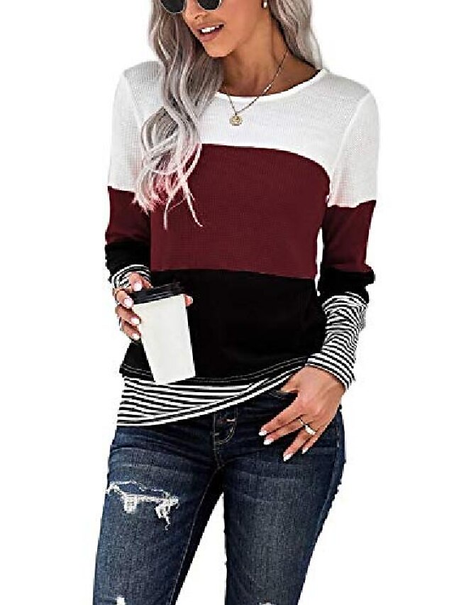 women long sleeve crew neck cute tunic color block loose fit t shirt trendy tops color striped shirt wine red large