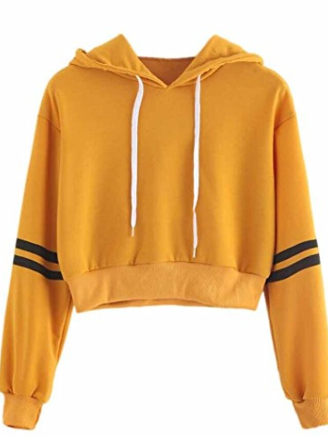  2018 new, women's fashion tops varsity-striped drawstring crop sweatshirt jumper crop pullover blouse with hooded (s, yellow)