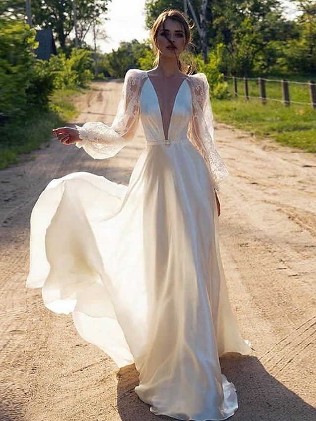  Women's Swing Dress Maxi long Dress White Long Sleeve Solid Color Lace Fall V Neck Elegant Casual 2021 S M L XL XXL