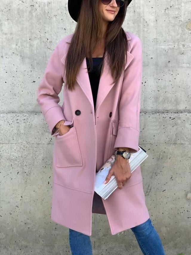  Women's Pea Coat Fall & Winter Going out Long Coat Loose Basic Jacket Long Sleeve Solid Colored Blushing Pink Khaki Black