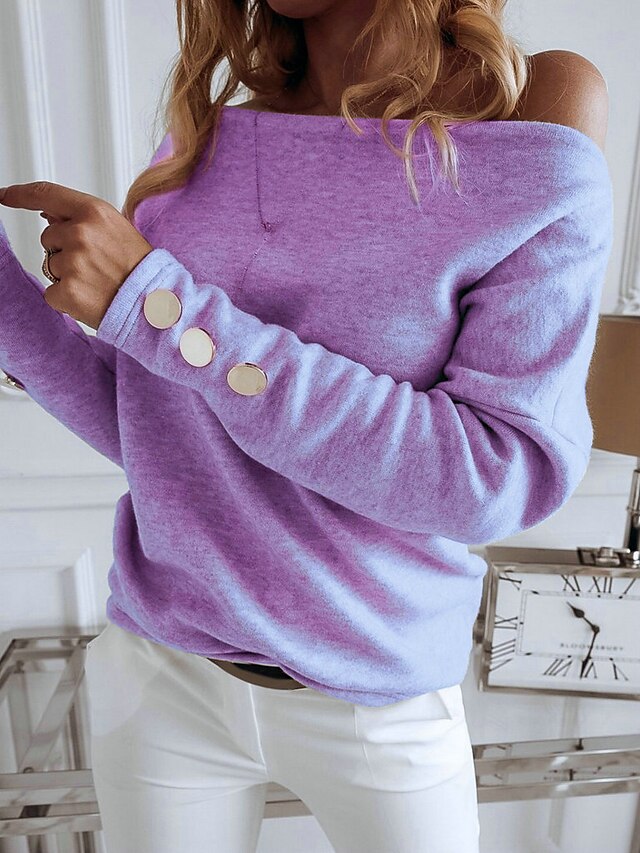  Women's Stylish Knitted Solid Color Pullover Long Sleeve Sweater Cardigans Off Shoulder Fall Winter White Purple Gray