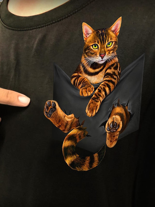  Dame Kat 3D Grafiske tryk Afslappet Daglig 3D kat Kortærmet T-shirt Rund hals Trykt mønster Basale Toppe Hvid Sort S
