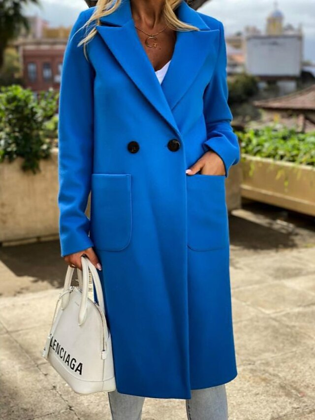  Women's Coat Fall & Winter Daily Long Coat Notch lapel collar Regular Fit Jacket Long Sleeve Solid Colored Blue Yellow Gray