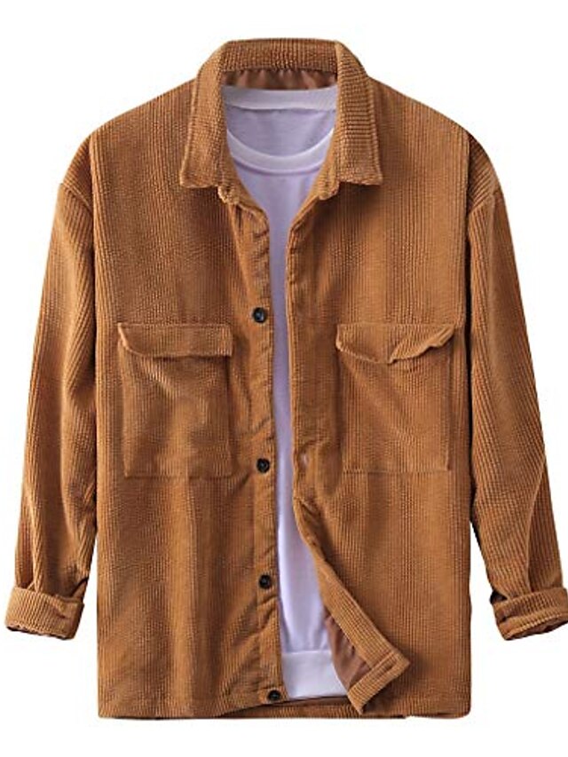  jaquetas masculinas de veludo cotelê, camisa de veludo cotelê de manga comprida solta casual com botões no bolso do peito jaqueta cáqui
