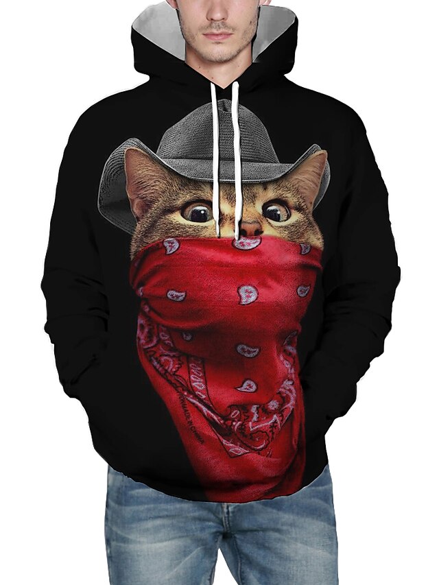  Men's Cat Graphic 3D Pullover Hoodie Sweatshirt Hooded Front Pocket 3D Print Daily 3D Print Hoodies Sweatshirts  Long Sleeve Black