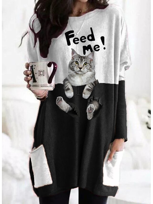  Dame 3D Cat T skjorte kjole Katt Grafiske trykk Langermet Lomme Lapper Trykt mønster Rund hals Grunnleggende Topper Svart