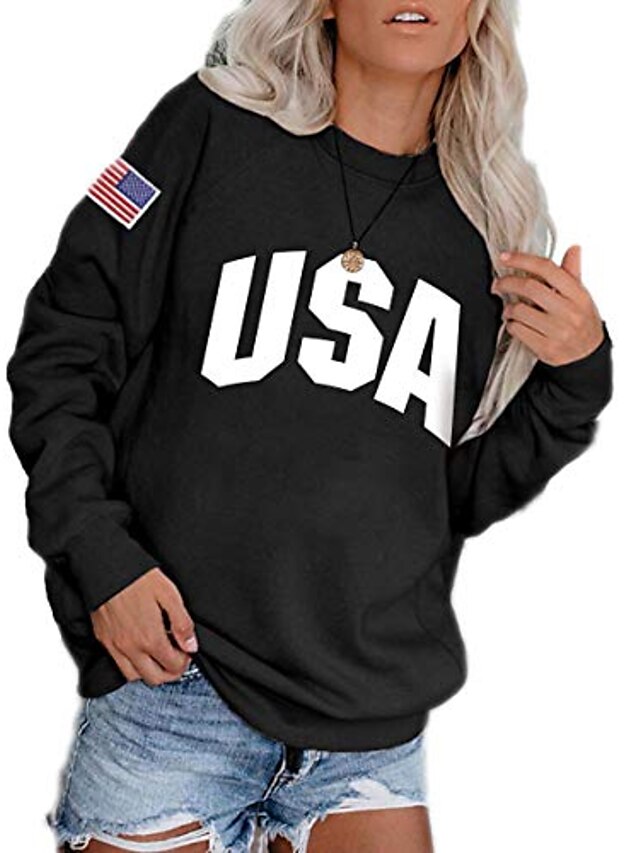  sweatshirts for women, casual loose long sleeve usa flag print pullover-black-l