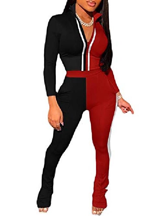  Frauen plus Größe 2 Stück lange Set Farbe Block Patchwork Crop Jacke hohe Taille Legging lässigen Trainingsanzug 2 Taschen schwarz&rot xxl