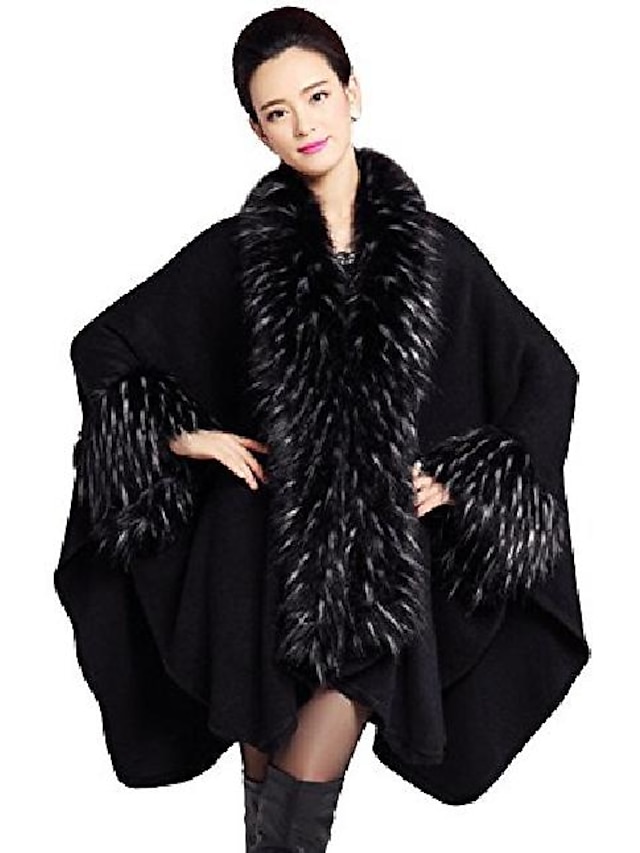  women's faux fur shawl pashmina cape cloak coat (one size, black)