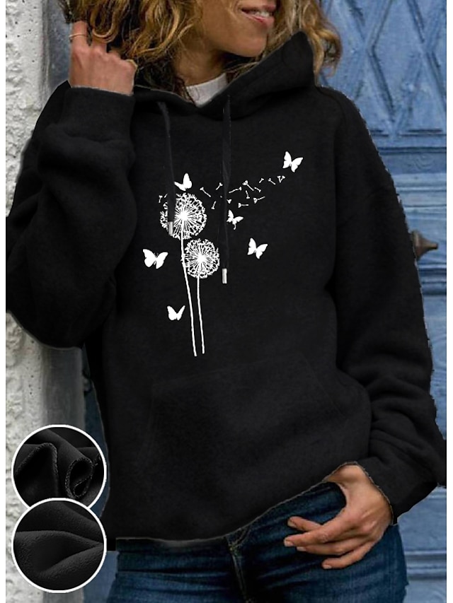  Women's Hoodie Pullover Graphic Dandelion Front Pocket Daily Basic Casual Hoodies Sweatshirts  Black / Fleece Lining
