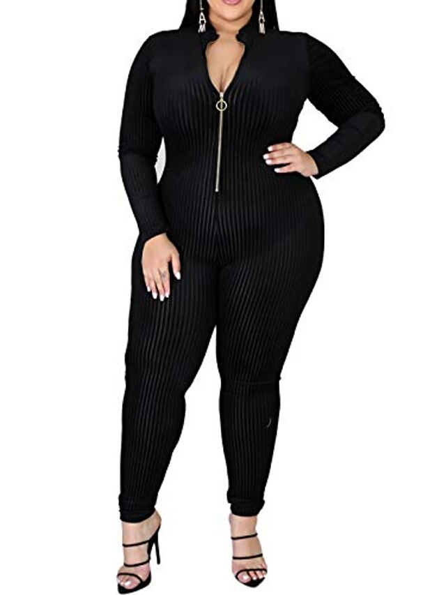  one piece jumpsuits for women - plus size floral print zip deep v neck bodycon long pants jumpsuits catsuits playsuits black 4xl
