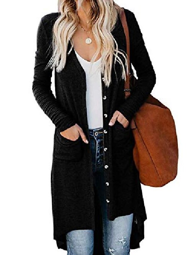  Cárdigan de punto largo con botones y manga larga informal para mujer, suéter frontal abierto con bolsillos, negro, xl