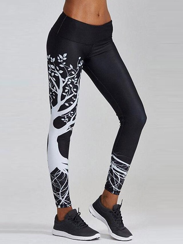  Women's Sporty Comfort Sports Gym Yoga Leggings Pants Patterned Ankle-Length Print Black