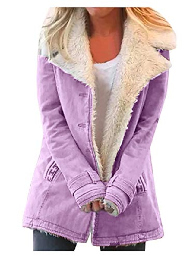  womens outwears plus size lapel fleece lined jacket long sleeve pocket button down winter coats purple