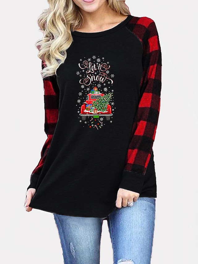  Women's Christmas T shirt Plaid Graphic Leopard Patchwork Round Neck Tops Basic Christmas Basic Top Black