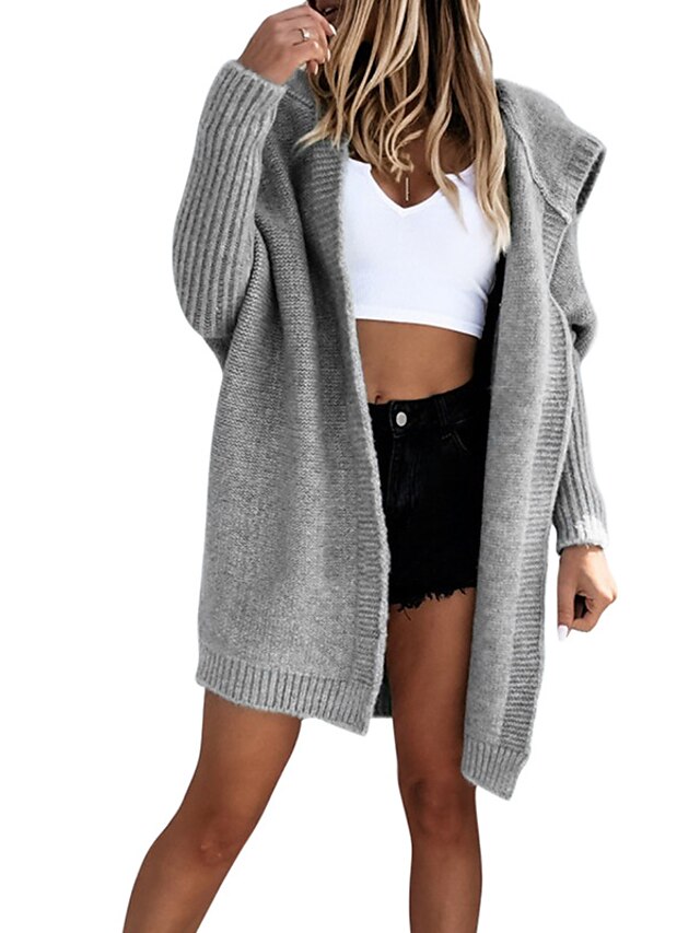  Women's Cardigan Sweater Jumper Knit Knitted Tunic Hooded Solid Color Daily Casual Drop Shoulder Fall Winter Black Gray S M L / Long Sleeve / Loose