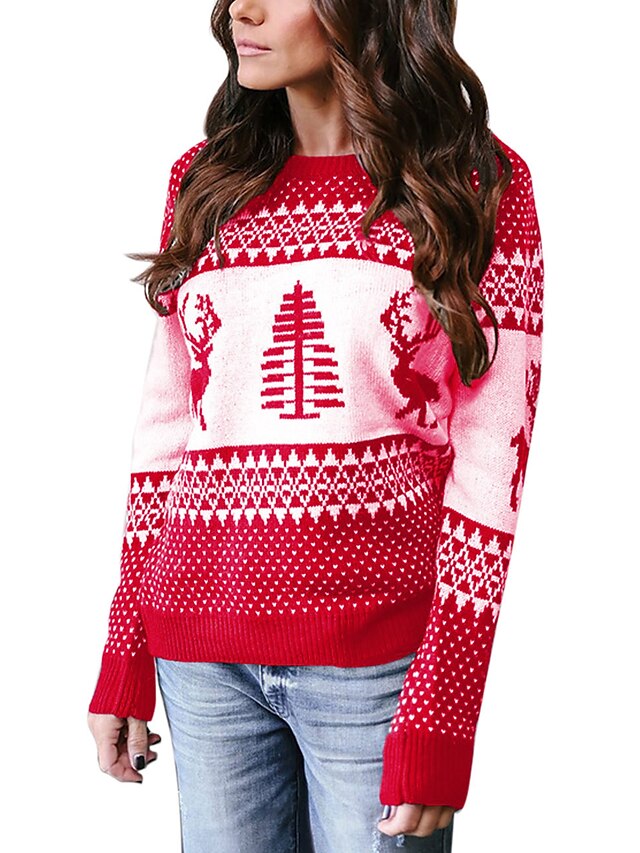  Women's Basic Christmas Knitted Geometric Pullover Long Sleeve Sweater Cardigans Crew Neck Fall Winter Blue Green Gray