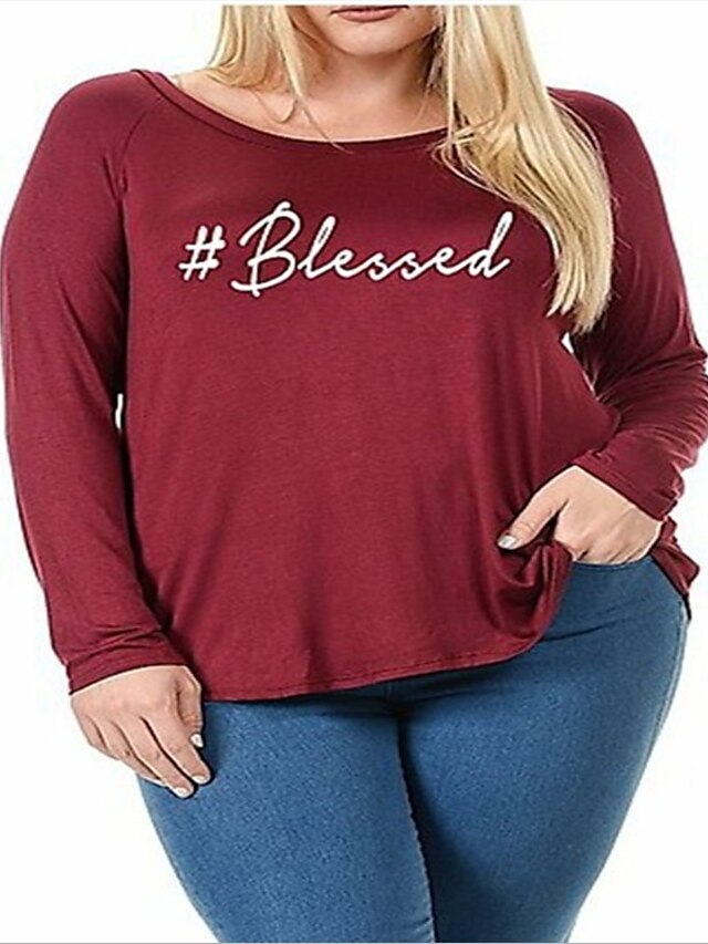  Women's T shirt Graphic Text Graphic Prints Long Sleeve Print Round Neck Tops Basic Basic Top Black Red