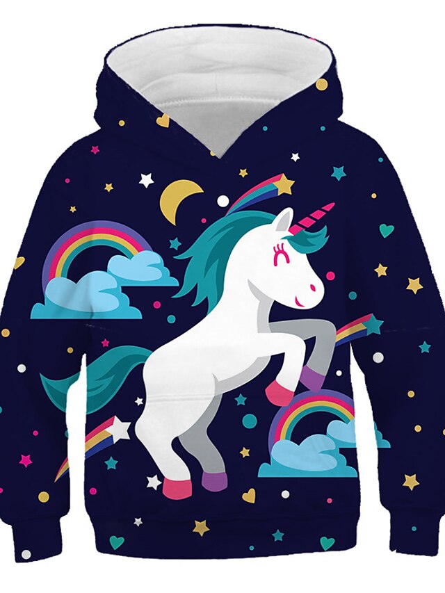  Kids Toddler Girls' Hoodie & Sweatshirt Long Sleeve Unicorn Graphic Animal Print Navy Blue Children Tops Active Streetwear New Year