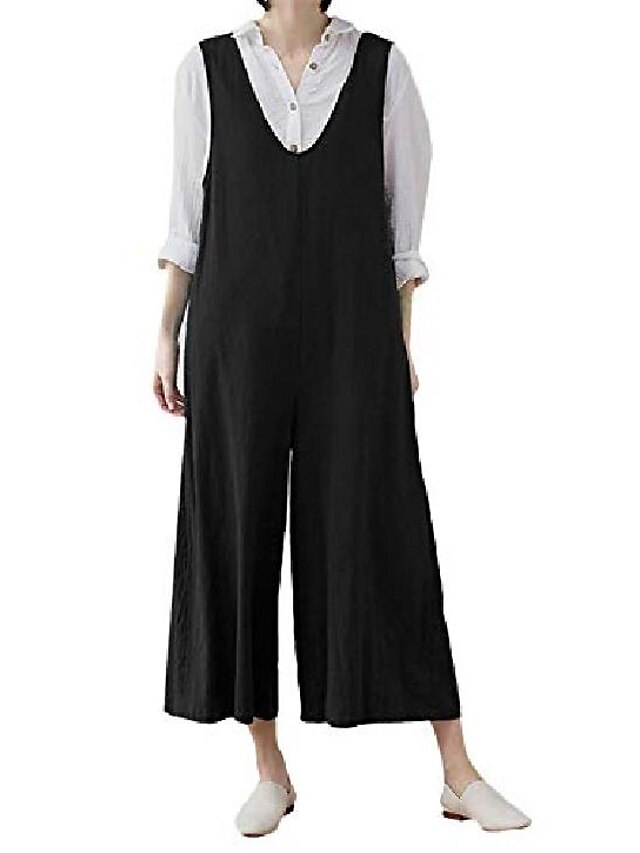  jumpsuits til kvinder afslappet løs baggy bredbenet linned overalls (stor, sort)
