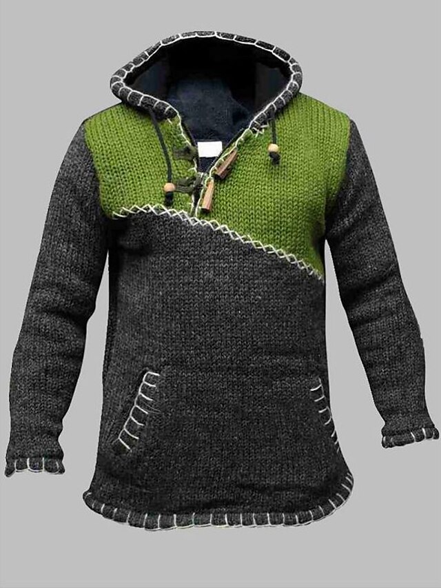 Men's Knitted Color Block Pullover Long Sleeve Plus Size Sweater Cardigans Hooded Fall Winter Green