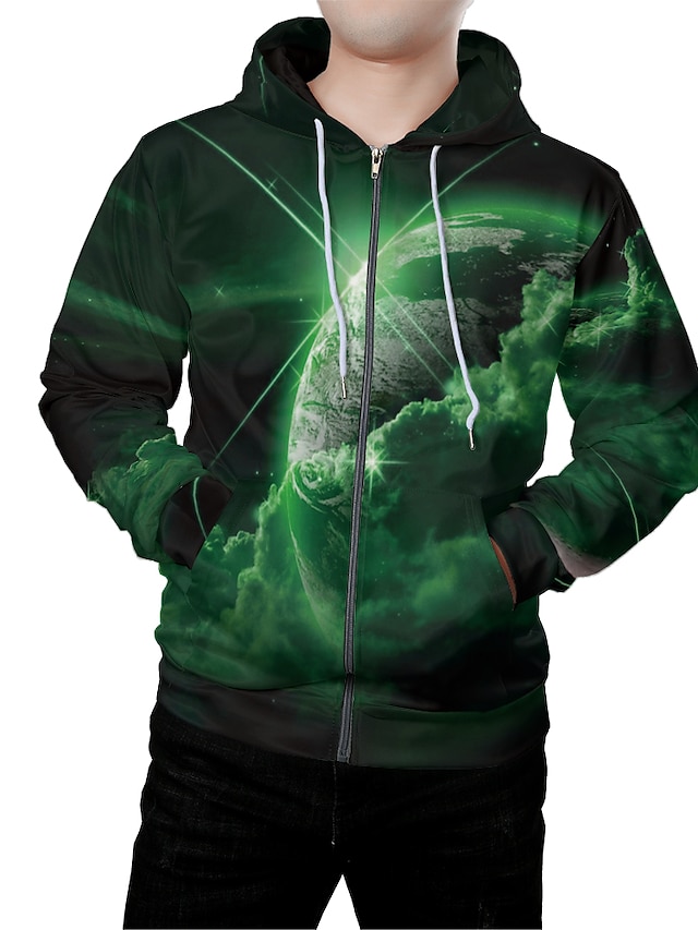  Men's Graphic 3D Zip Up Hoodie Sweatshirt Front Pocket 3D Print Daily Weekend 3D Print Hoodies Sweatshirts  Green