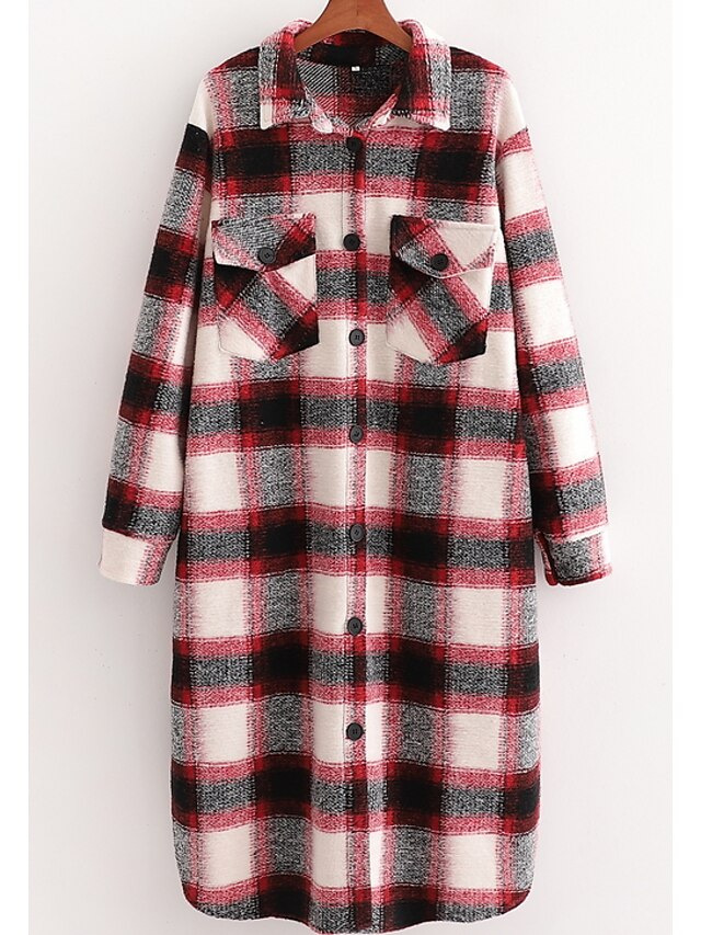  Women's Coat Fall & Winter Daily Valentine's Day Long Coat Shirt Collar Regular Fit Jacket Long Sleeve Plaid Red
