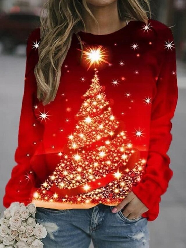  Dame Hattetrøje Sweatshirt bluse Rød Trykt mønster Rund hals Daglig Jul Tøj Hættetrøjer Sweatshirts Løstsiddende