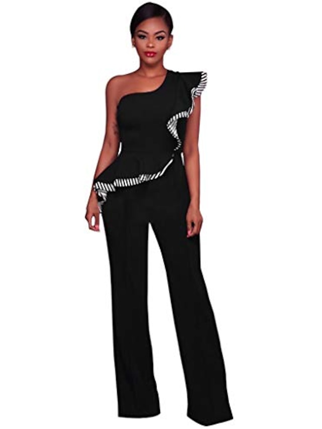  elegante Overalls für Frauen Rüschen eine Schulter hohe Taille Clubwear lange breite Bein Hosen Overall Strampler (schwarz, s)