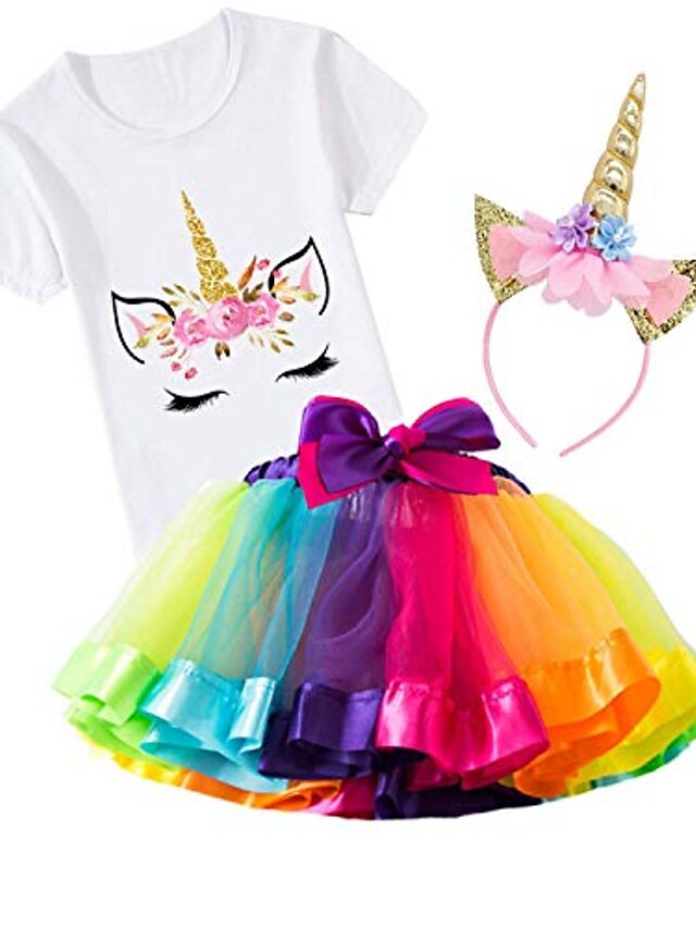  Conjunto de trajes de unicornio para niñas de 3 piezas falda de tutú de arco iris + camisa de impresión de unicornio de algodón + diadema