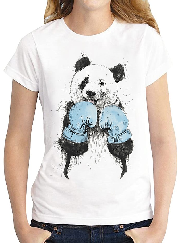  Women's T shirt Heart Graphic Prints Round Neck Tops 100% Cotton Basic Top Panda White