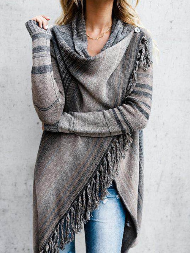  Women's Cloak Capes Sweater Striped Tassel Stripe Knitted Stylish Casual Vintage Long Sleeve Loose Sweater Cardigans Fall Winter Cowl Army Green Black Gray