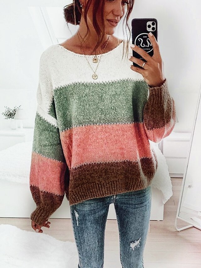  Women's Pullover Striped Knitted Acrylic Fibers Basic Long Sleeve Sweater Cardigans Fall Winter Crew Neck Round Neck Wine Light Brown Black