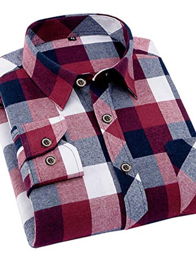  Men's Shirt Plaid non-printing Button Down Collar Street Casual shirt Long Sleeve collared shirts Tops Basic Casual Classic Pocket Red and white grid 603 Green red grid color 620 Green 626