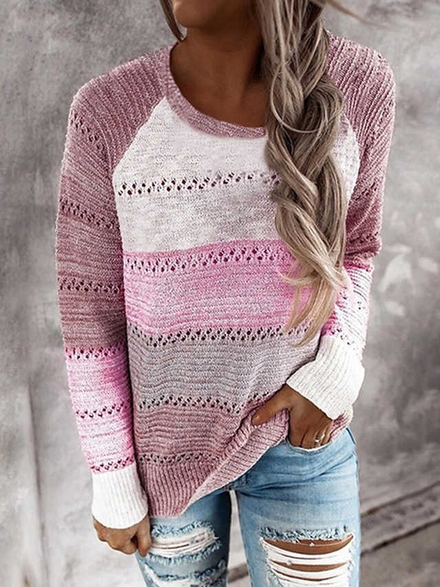  Women's Pullover Sweater Pullover Jumper Jumper Knit Hollow Out Thin Crew Neck Color Block Daily Weekend Stylish Basic Fall Winter Green Pink S M L / Long Sleeve / Casual / Regular Fit