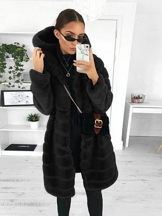  Women's Solid Colored Fall & Winter Faux Fur Coat Long Going out Long Sleeve Faux Fur Coat Tops White
