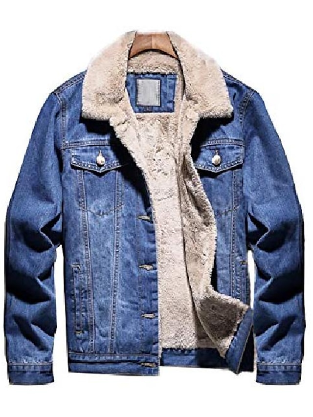 mænds løs vinter fleece foret imiteret pels krave denim biker jakke frakke (1025-lyseblå-l)