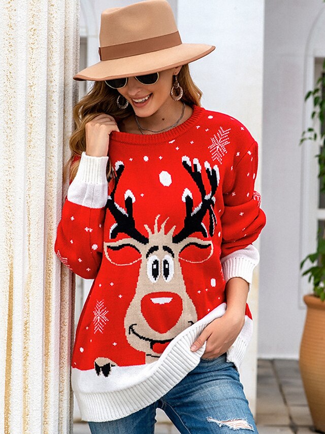  Women's Pullover Animal Knitted Long Sleeve Loose Sweater Cardigans Fall Winter Crew Neck Black Red