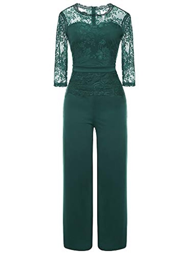  Women's Jumpsuit Embroidery Lace Solid Color Crew Neck Elegant Party Daily Long Sleeve Lace Sleeves Green Blue Black S M L