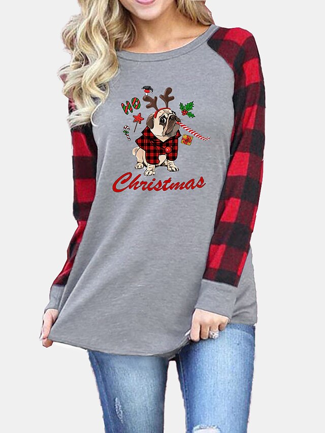  Women's Christmas T shirt Dog Plaid Graphic Long Sleeve Round Neck Tops Basic Christmas Basic Top Black Gray