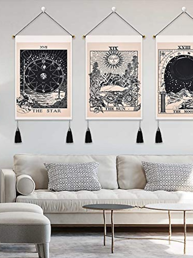  Boho Pack of 3 Tarot Divination Woven Bohemian Wall Tapestry Art Decor Blanket Curtain Hanging Home Bedroom Living Room Decoration Nordic Cotton Linen Tassel Moon Stars Sun 14“ x 20“