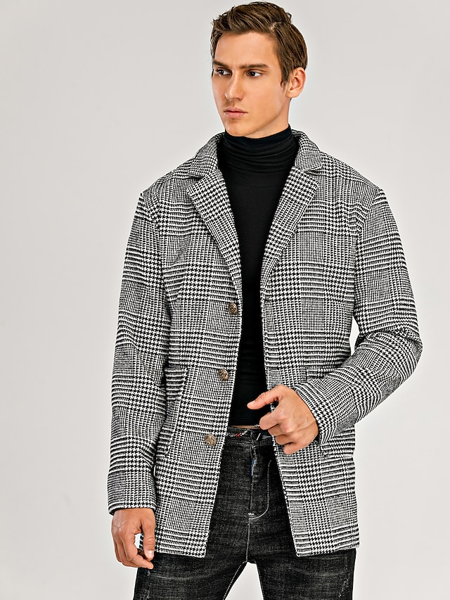  Men's Trench Coat Overcoat Spring &  Fall Daily Regular Coat Notch lapel collar Regular Fit Basic Jacket Long Sleeve Patchwork Houndstooth Gray