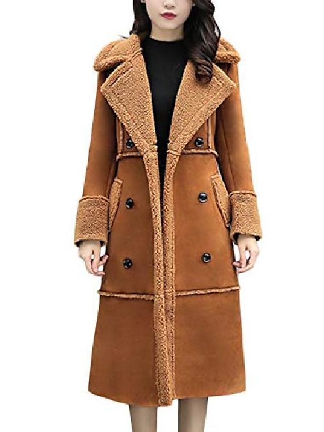  women's thick double breasted long suede shearling sherpa lined winter coat (medium, brown)