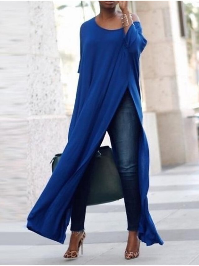 Femme Robe T shirt Robe longue maxi Bleu Violet Noir Rouge Manches Longues Couleur unie Fendu Patchwork Automne Col Rond Simple Mince 2021 S M L XL XXL 3XL 4XL 5XL / Mini