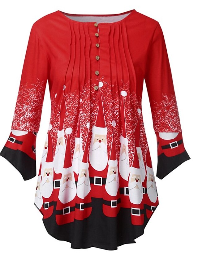  Mulheres Natal Blusa Peplum Floco de Neve Pregueado Assimétrico Estampado Decote Redondo Natal Blusas Algodão Cinzento Preto Vermelho