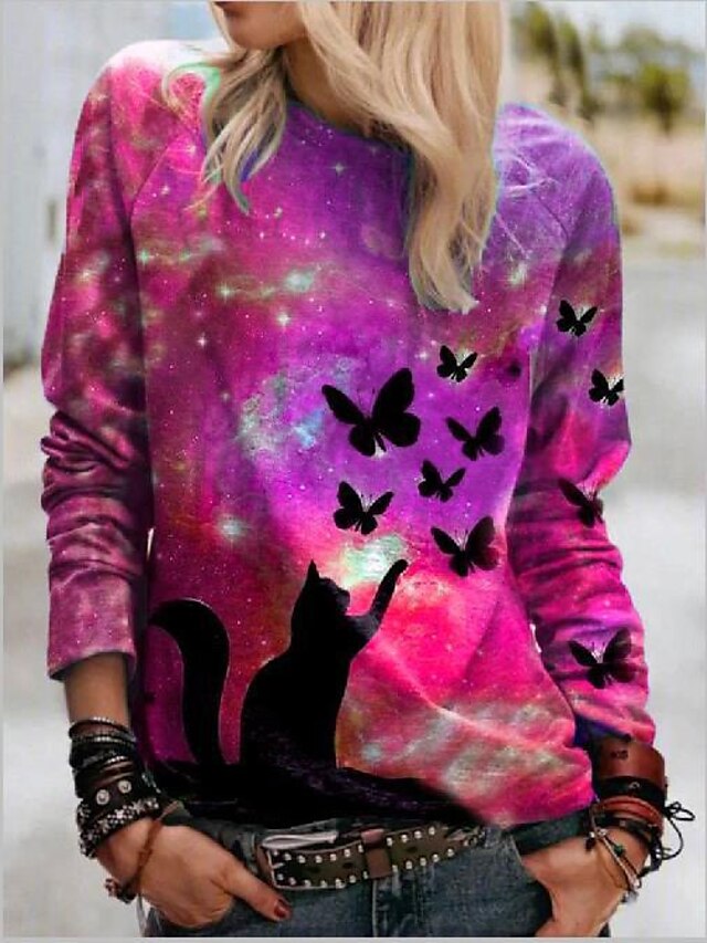  Women's Pullover Print Basic Green Blue Purple Galaxy Cat Butterfly Casual Long Sleeve Round Neck S M L XL 2XL