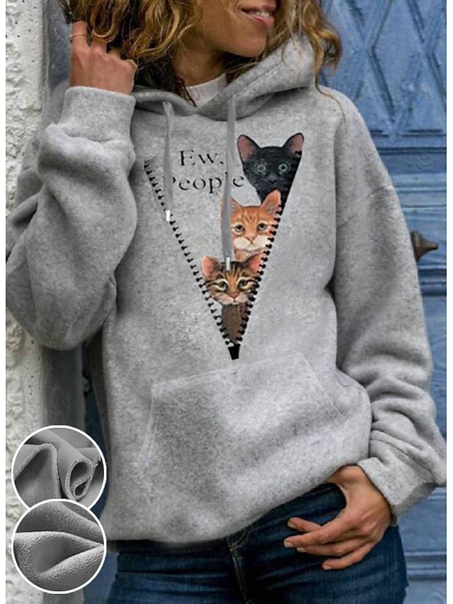  Women's Cartoon Cat Graphic Hoodie Pullover Front Pocket Daily Basic Casual Hoodies Sweatshirts  Gray