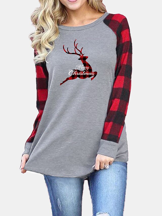  Women's Christmas T shirt Plaid Graphic Reindeer Long Sleeve Patchwork Round Neck Tops Basic Christmas Basic Top Black Gray