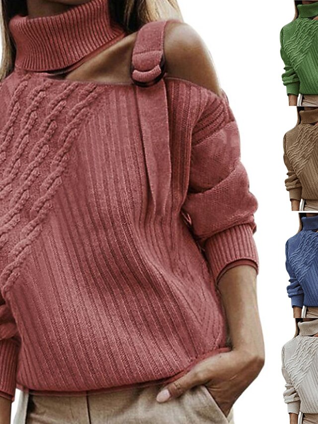  Women's Knitted Solid Color Pullover Long Sleeve Sweater Cardigans Turtleneck Fall Winter Black Blue Red