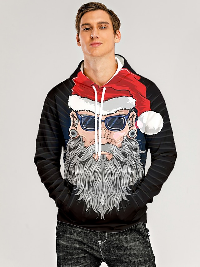  Herre Pullover-hættetrøje Trykt mønster Grafisk 3D Frontlomme Hætte Jul Daglig 3D-udskrivning 3D-tryk Jul Hættetrøjer Sweatshirts Langærmet Sort